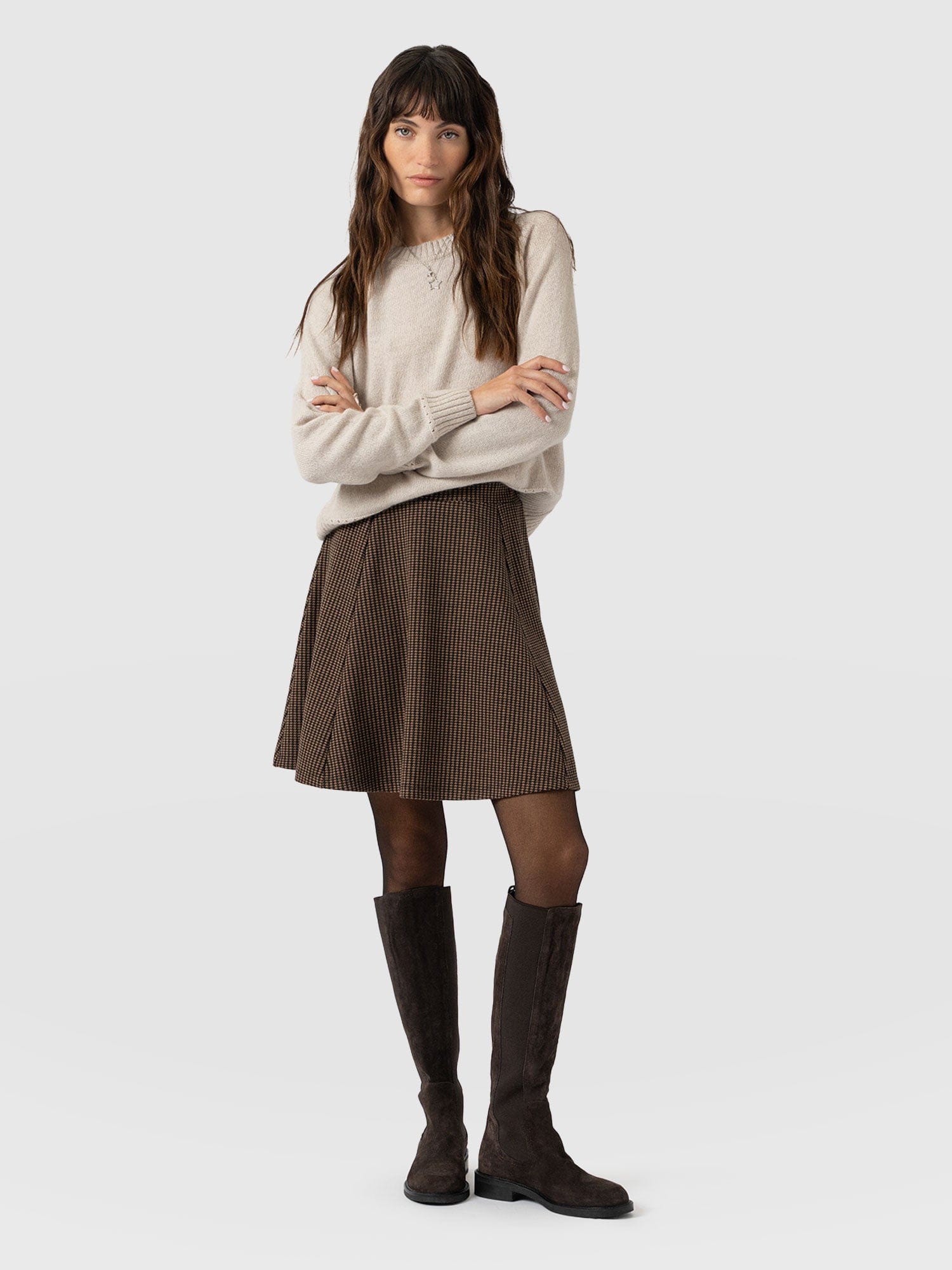 Macie Mini Skirt - Brown Mini Houndstooth